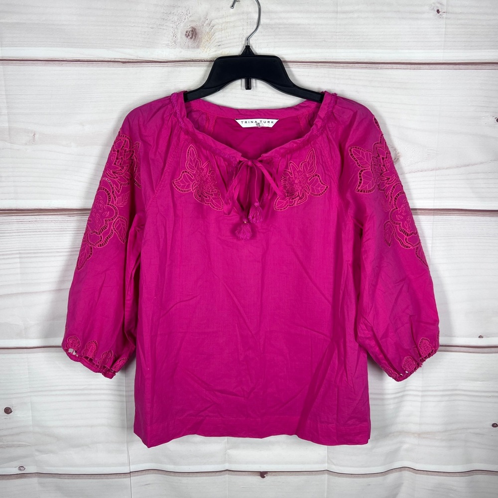 Trina Turk Top Women XS Pink Cotton Short Sleeve Solid Eyelet Tie Neck Peasant